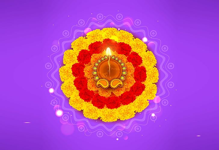 sarı, kırmızı ve turuncu çiçek şekil, Işık Festivali, Diwali, Hint Festivalleri, HD, 4K, HD masaüstü duvar kağıdı