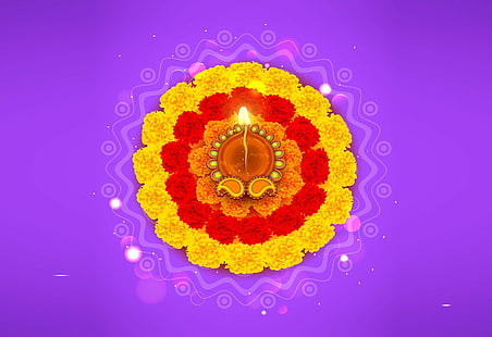 illustrazione floreale gialla, rossa e arancione, Festival delle luci, Diwali, festival indiani, HD, 4K, Sfondo HD HD wallpaper