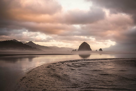 mountain beside body of water, cannon beach, cannon beach, Cannon Beach, Warm, Tones, mountain, body of water, land, morning, single, tone, yellow, scape, colours, photo, creative  commons, remix, edit, distribute, photography, lenny, landscape, actions, toolkit, wide  angle, scenery, nice, fantastic, non  commercial, non-commercial, image, color, cc, photoshop  elements, lightroom, adobe, nature, beach, sea, sunset, sky, water, scenics, outdoors, beauty In Nature, travel, reflection, summer, sunrise - Dawn, cloud - Sky, vacations, travel Destinations, dusk, HD wallpaper HD wallpaper
