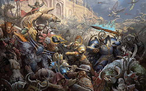 artwork, battles, castles, chaos, dwarfs, elves, fantasy, mage, orcs, siege, war, warhammer, HD wallpaper HD wallpaper