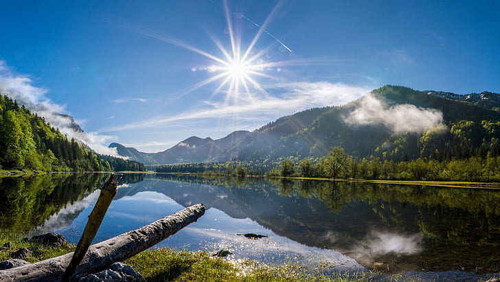 Lake Sun Rays Clear Lake Water Evaporation From The Green Forest, The Surrounding Mountains, Sky, HD wallpaper