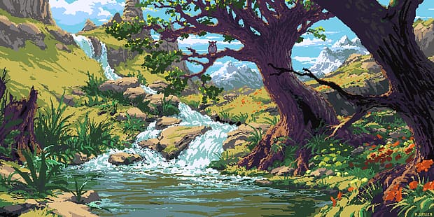 произведения на изкуството, дигитално изкуство, пейзаж, Филип А. Улрих, пикселно изкуство, пикселирано, водопад, дървета, HD тапет HD wallpaper