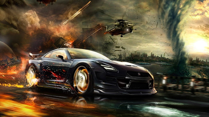 black sports car and black helicopter poster, Nissan GT-R, car, digital art, helicopters, fire, explosion, render, CGI, vehicle, HD wallpaper