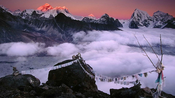 облаци, Еверест, планина, планини, Непал, изгрев, залез, HD тапет