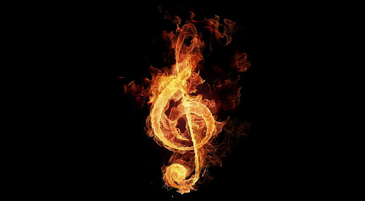 music, fire, musical notes, black background, HD wallpaper