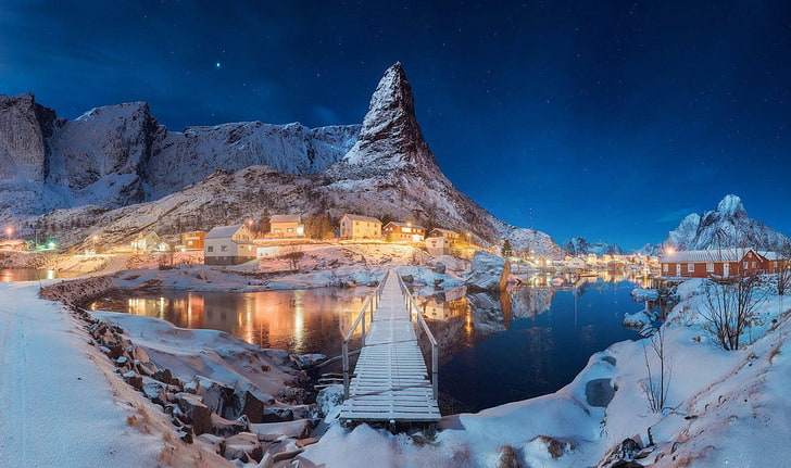 природа, пейзаж, зима, сняг, езеро, нощ, хълмове, Норвегия, Лофотен, HD тапет
