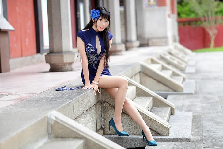 Asian, model, women, long hair, black hair, sitting, traditional clothing, hair ornament, bracelets, blue high heels, stairs, column, depth of field, trees, grass, Bushes, wall, earring, looking at viewer, Vicky 霜, HD wallpaper