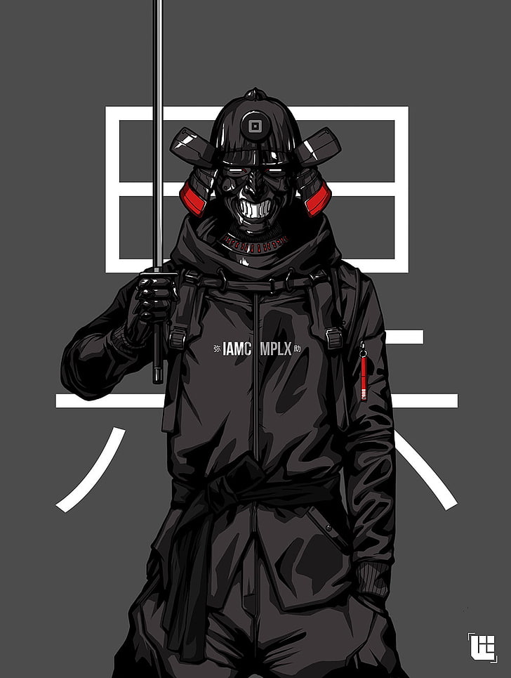 Bryan Lie, men, samurai, gray background, coats, Masked, sword, HD wallpaper