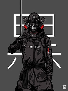 Bryan Lie, men, samurai, gray background, coats, Masked, sword, HD wallpaper HD wallpaper