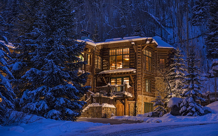 maison brune de 3 étages, arbres, forêt, architecture, Colorado, États-Unis, maison, hiver, neige, soir, lumières, bois, luxe, Fond d'écran HD