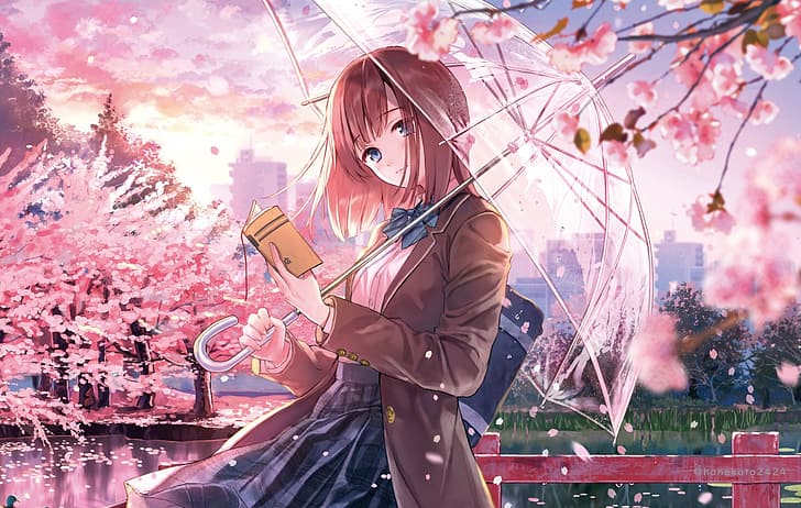 вишневый цвет, зонт, аниме девушки, HD обои