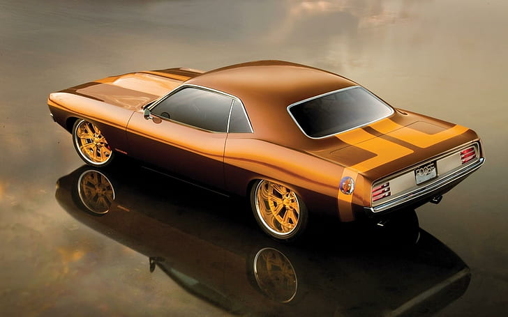 Golden, orange coupe, baracuda, ride, vehicle, auto, classic, cars, HD wallpaper