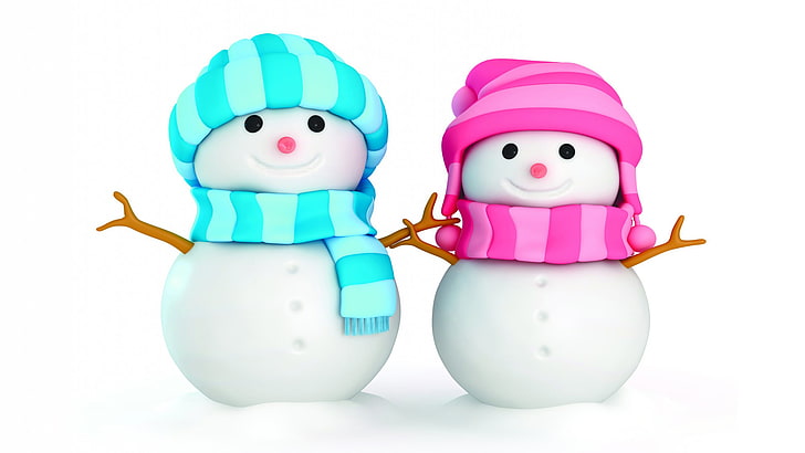 dos muñecos de nieve de color rosa y azul ilustración, invierno, año nuevo, muñecos de nieve, Fondo de pantalla HD