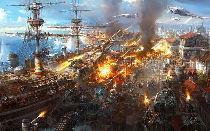 artwork, battle, fantasy art, steampunk, battleships, aircraft, war, HD wallpaper