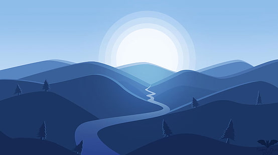 Künstlerisch, Landschaft, Minimalistisch, Berg, Fluss, Sonne, HD-Hintergrundbild HD wallpaper