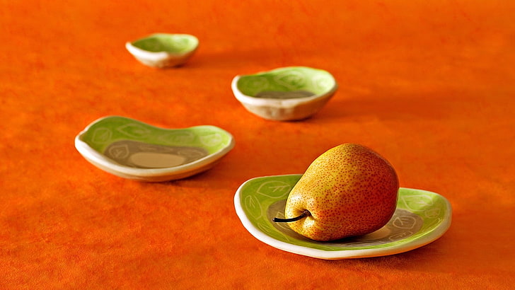 зеленые керамические тарелки, груша, тарелки, фрукты, апельсин, HD обои