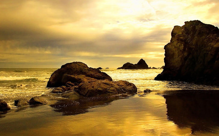 beach, beaches, cloud, golden, rock, sea, sunse, sunset, HD wallpaper