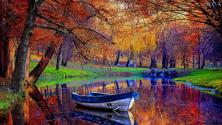 reflektion, vattenväg, vatten, löv, höst, träd, bank, bayou, båt, kanal, lövfällande, skog, gren, höstfärger, HD tapet