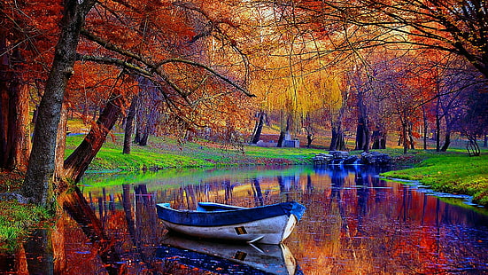 reflektion, vattenväg, vatten, löv, höst, träd, bank, bayou, båt, kanal, lövfällande, skog, gren, höstfärger, HD tapet HD wallpaper