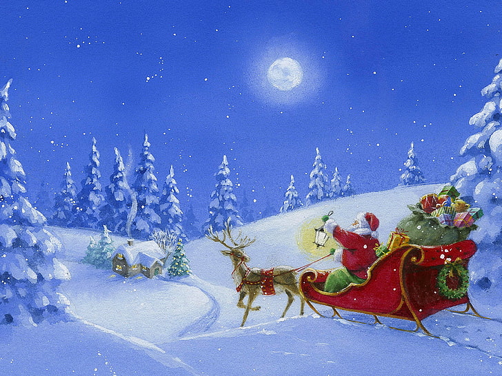 Santa Claus on sleigh illustration, winter, snow, figure, tree, Christmas, gifts, sleigh, Santa Claus, HD wallpaper