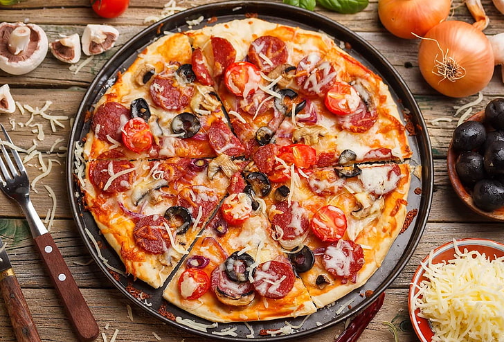 pizza, comida rápida, vista superior, queso, verduras, comida, Fondo de pantalla HD