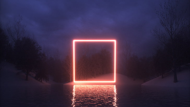 luz quadrada laranja, corpo de água durante a noite, néon, praça, reflexão, natureza, Cinema4D, noite, HD papel de parede