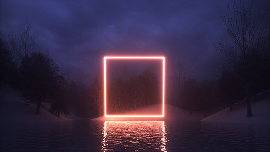 lumière orange carrée, étendue d'eau pendant la nuit, néon, place, réflexion, nature, Cinema4D, nuit, Fond d'écran HD HD wallpaper