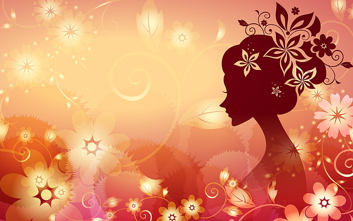 woman silhouette illustration, girl, flower, face, pattern, silhouette, HD wallpaper