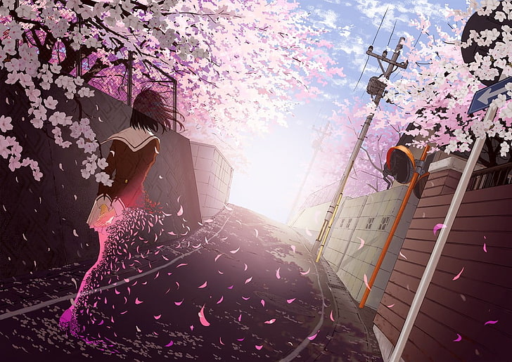 애니메이션 소녀, 교복, 벚꽃, HD 배경 화면