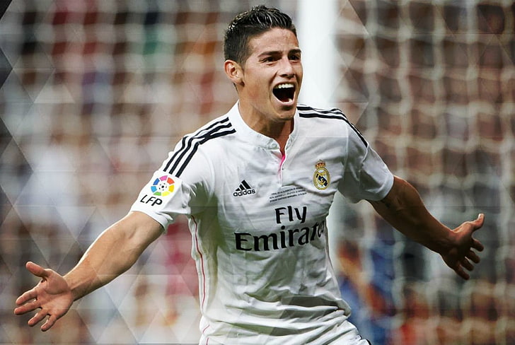 męska biało-czarna koszulka z krótkim rękawem Adidas, Real Madryt, James Rodriguez, piłka nożna, męska, sport, Tapety HD