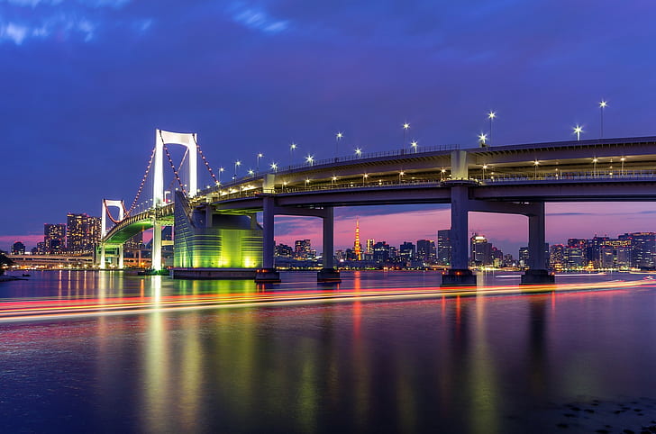 Tokyo, Capital city, Metropolis, Bridge, Lights, Lighting, Shutter speed, The bay, Houses, Buildings, Night, Blue, Lilac, Sky, HD wallpaper
