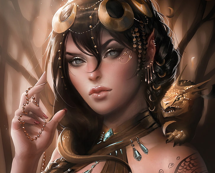 black-haired woman in wearing necklace illustration, girl, decoration, dragon, art, beads, elf, ears, sakimichan, HD wallpaper