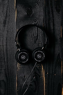 black corded headphones, headphones, surface, wooden, dark, HD wallpaper HD wallpaper