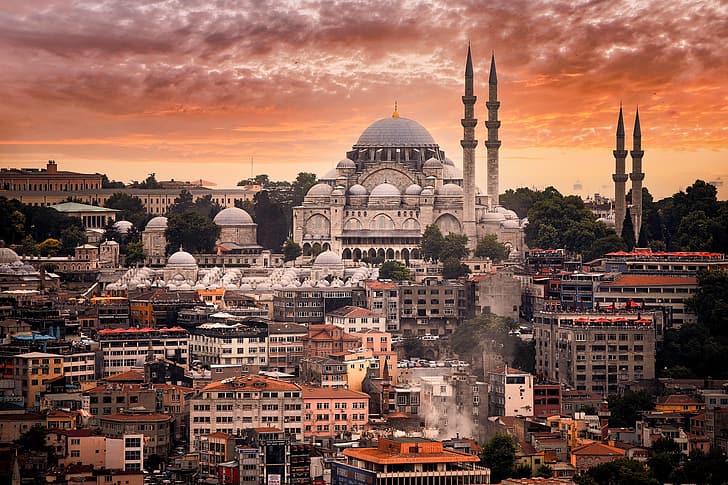 solnedgång, byggnad, hem, moské, Istanbul, Sultan Ahmets moské, Turkiet, Blå moskén, Blå moskén, Sultan Ahmed-moskén, HD tapet