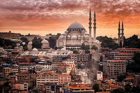 solnedgång, byggnad, hem, moské, Istanbul, Sultan Ahmets moské, Turkiet, Blå moskén, Blå moskén, Sultan Ahmed-moskén, HD tapet HD wallpaper