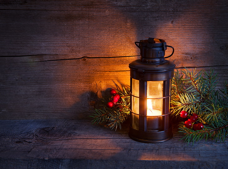 black candle lantern, winter, light, tree, candle, spruce, branch, New Year, Christmas, lantern, holidays, HD wallpaper