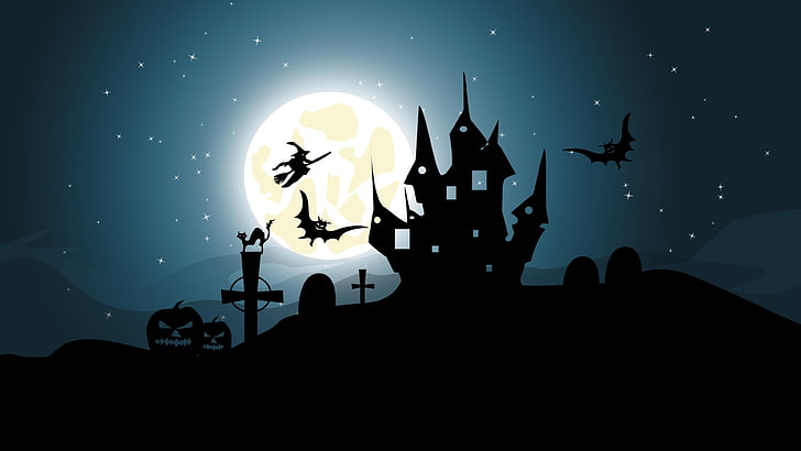 хэллоуин, ведьма, полнолуние, тьма, ночь, кладбище, силуэт, HD обои