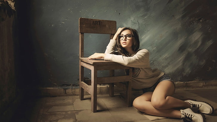 women, model, glasses, chair, wall, Asian, on the floor, women with glasses, HD wallpaper