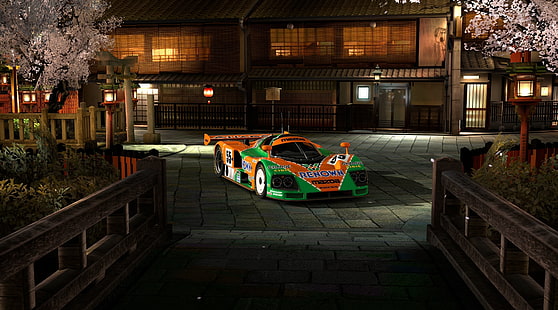 Mazda 787B Supersport, green and orange sports coupe, Games, Gran Turismo, Spring, video game, supercar, gran turismo 5, Mazda 787, HD wallpaper HD wallpaper