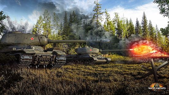 World of Tanks Tanks Firing IS, T-34-85 Games Armia, gry, armia, świat czołgów, czołgi, czołgi z gier, strzelanie, Tapety HD HD wallpaper