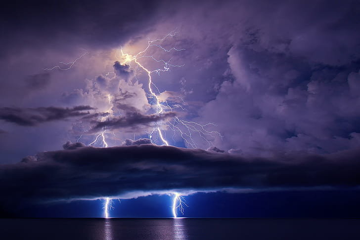 雷空、雷、空、雲、海、海、夜、 HDデスクトップの壁紙