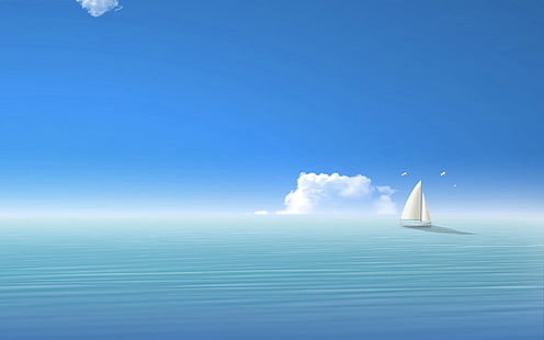 белый парусник на море иллюстрация, синий, море, корабль, небо, HD обои HD wallpaper
