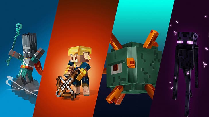 Minecraft, Подземия на Minecraft, Piglin (Minecraft), Enderman (Minecraft), Guardian (Minecraft), Wind Caller (Minecraft Dungeons), 4K, HD тапет