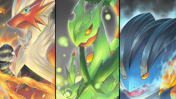 three Pokemon characters wallpaper, Pokémon, Blaziken (Pokémon), Mega Blaziken (Pokémon), Mega Evolution (Pokémon), Mega Sceptile (Pokémon), Mega Swampert (Pokémon), Sceptile (Pokémon), Swampert (Pokémon), HD wallpaper