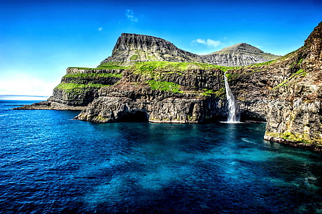 Дания, водопад, Гасадалур, Фарьорски острови, HD тапет HD wallpaper