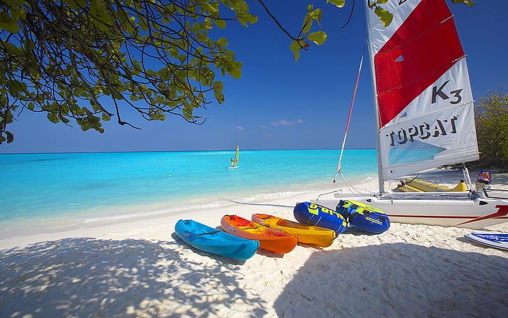 sand, sea, beach, the sky, boat, sail, Board, catamaran, Windsurfing, HD wallpaper