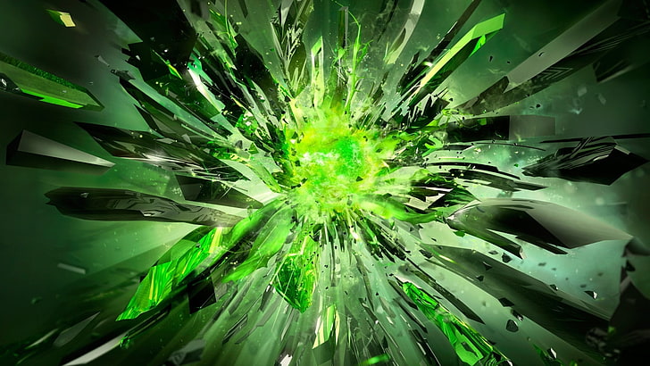 green broken 3D wallpaper, crystal, green, explosion, abstract, digital art, Nvidia, HD wallpaper