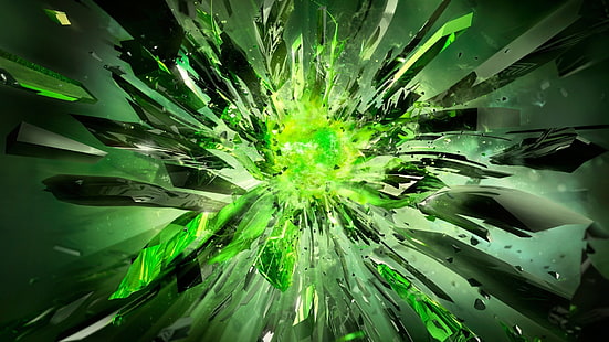 green broken 3D wallpaper, crystal, green, explosion, abstract, digital art, Nvidia, HD wallpaper HD wallpaper