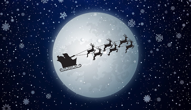 Père Noël et papier peint lune, hiver, minimalisme, neige, lune, nouvel an, Noël, flocons de neige, père Noël, vacances, père Noël, cerfs communs, la pleine lune, mouches, traîneau, Fond d'écran HD