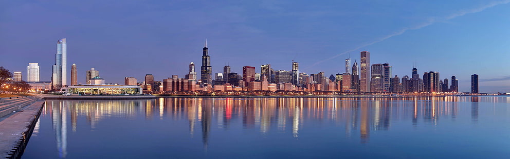 foto cakrawala kota, kota, Chicago, Illinois, AS, refleksi, banyak tampilan, monitor ganda, Wallpaper HD HD wallpaper